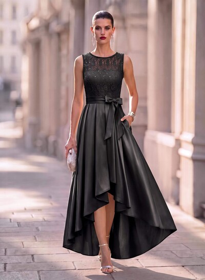 A-Line Scoop Neck Lace/Satin Evening Dresses With Pockets