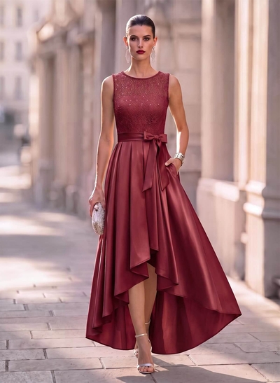 A-Line Scoop Neck Lace/Satin Evening Dresses With Pockets