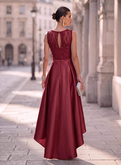 A-Line Scoop Neck Lace/Satin Evening Dresses With Pockets