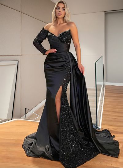 Sheath/Column One-Shoulder Long Sleeves Evening Dresses With Sequins