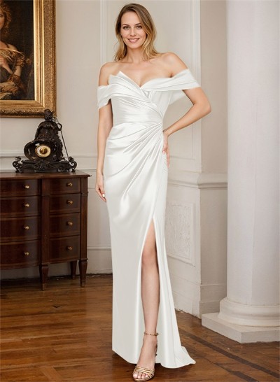 Sheath/Column Off-The-Shoulder Satin Evening Dresses With Split Front