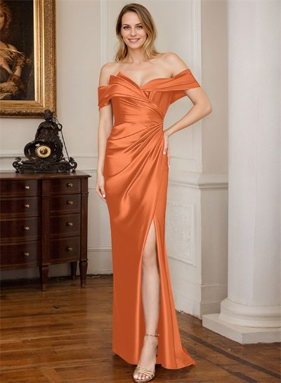 Sheath/Column Off-The-Shoulder Satin Evening Dresses With Split Front