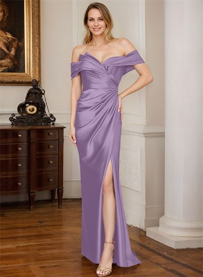 Sheath/Column Off-The-Shoulder Satin Evening Dresses With Split Front