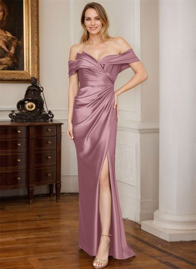 Sheath/Column Off-The-Shoulder Satin Evening Dresses With Split Front