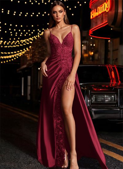 A-Line V-Neck Sleeveless Satin Floor-Length Evening Dresses With Lace