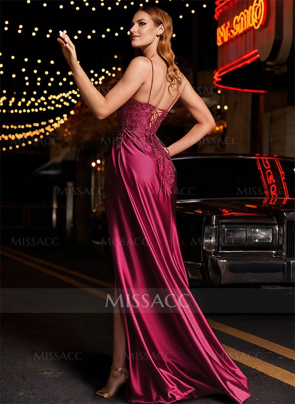 A-Line V-Neck Sleeveless Satin Floor-Length Evening Dresses With Lace