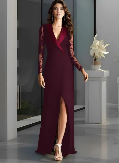 A-Line V-Neck Long Sleeves Sweep Train Elastic Satin Evening Dresses