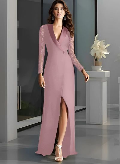 A-Line V-Neck Long Sleeves Sweep Train Elastic Satin Evening Dresses