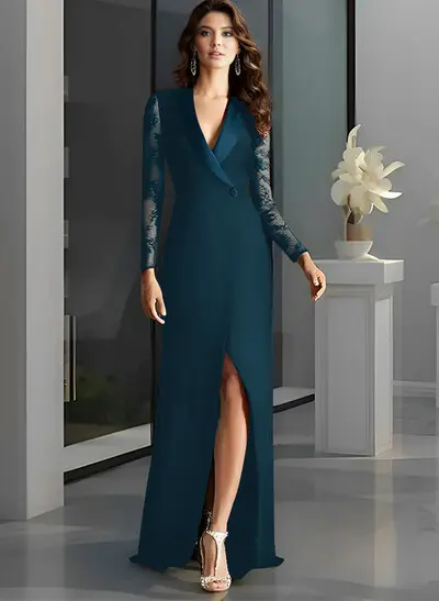 V-Neck Long Sleeves Sweep Train Elastic Satin Evening Dresses