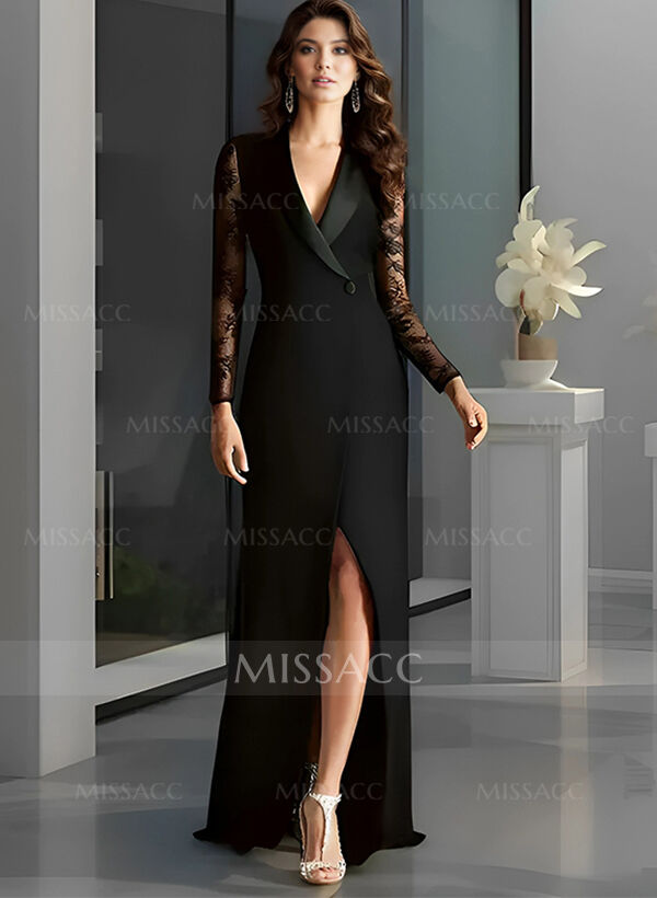 V-Neck Long Sleeves Sweep Train Elastic Satin Evening Dresses