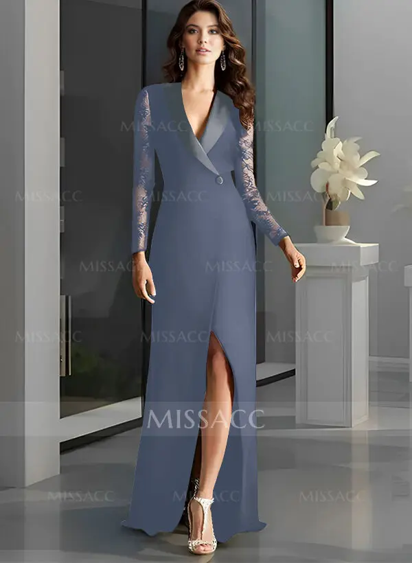 V-Neck Long Sleeves Sweep Train Elastic Satin Evening Dresses