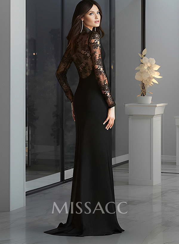 V-Neck Long Sleeves Sweep Train Elastic Satin Evening Dresses