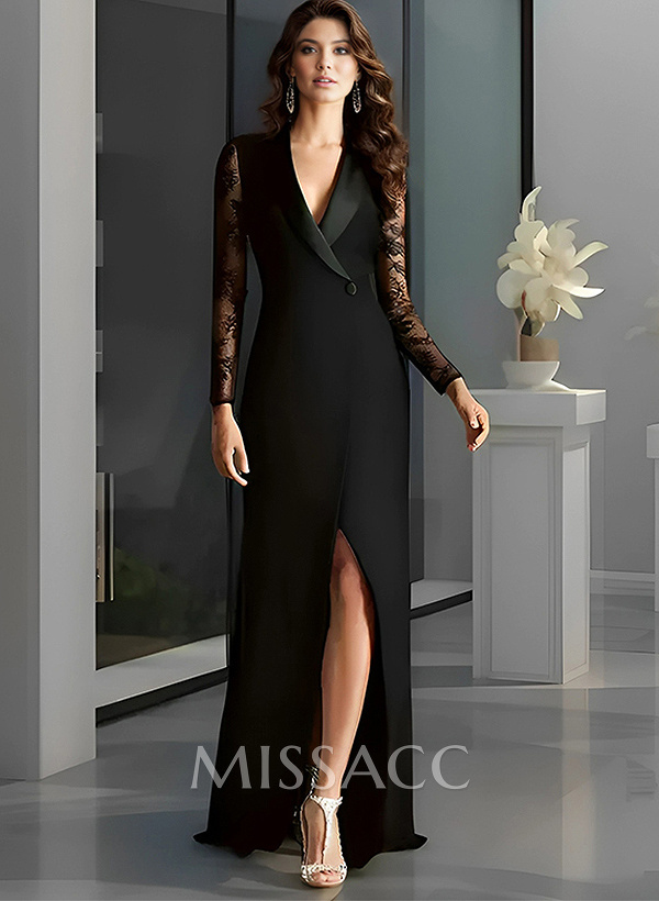 V-Neck Long Sleeves Sweep Train Elastic Satin Evening Dresses