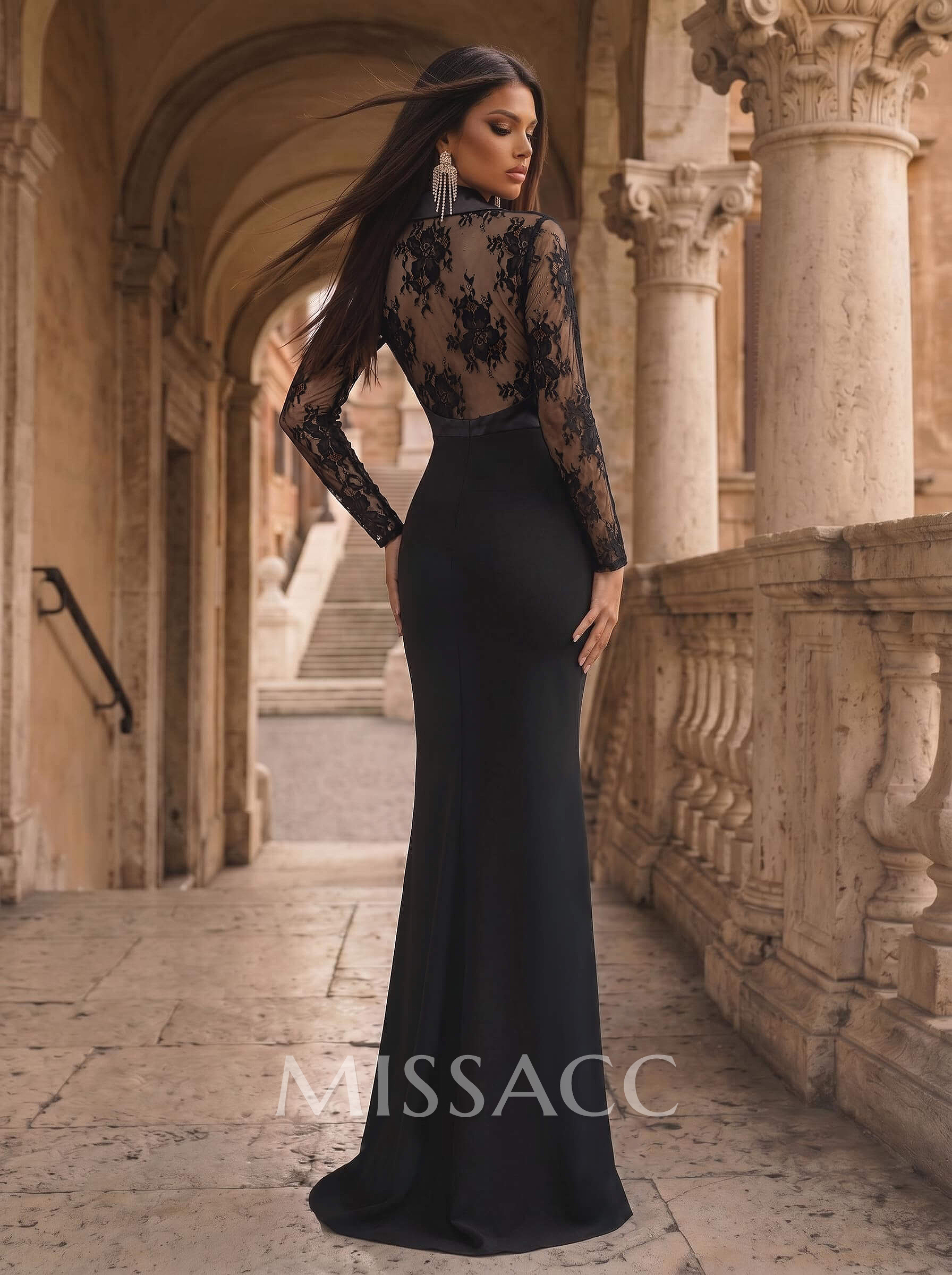 V-Neck Long Sleeves Sweep Train Elastic Satin Evening Dresses V-Neck Long Sleeves Sweep Train Elastic Satin Evening Dresses
