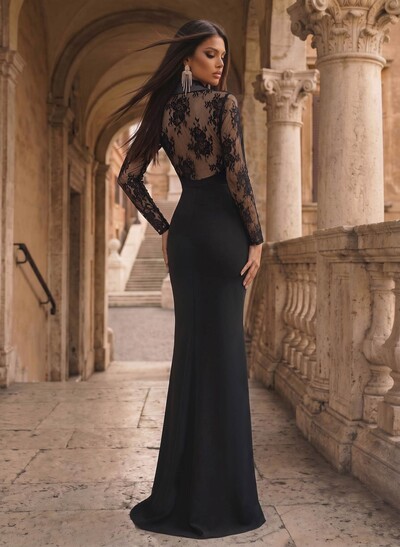 V-Neck Long Sleeves Sweep Train Elastic Satin Evening Dresses