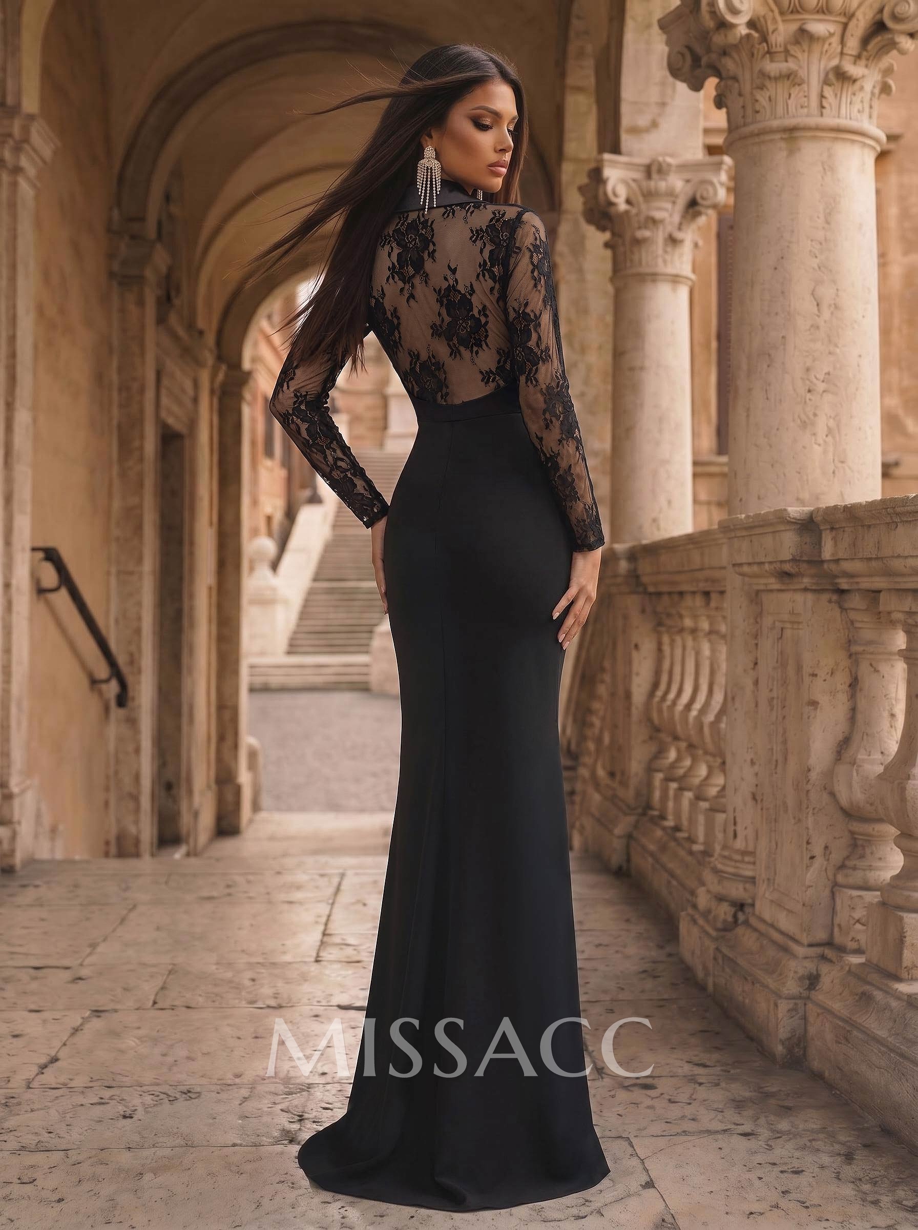 V-Neck Long Sleeves Sweep Train Elastic Satin Evening Dresses V-Neck Long Sleeves Sweep Train Elastic Satin Evening Dresses