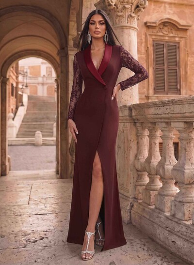 V-Neck Long Sleeves Sweep Train Elastic Satin Evening Dresses