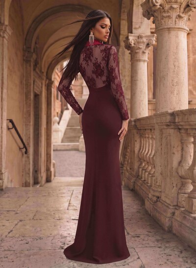 V-Neck Long Sleeves Sweep Train Elastic Satin Evening Dresses