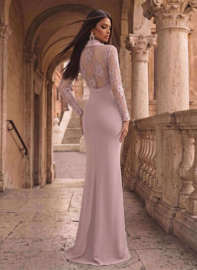 V-Neck Long Sleeves Sweep Train Elastic Satin Evening Dresses