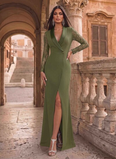 V-Neck Long Sleeves Sweep Train Elastic Satin Evening Dresses
