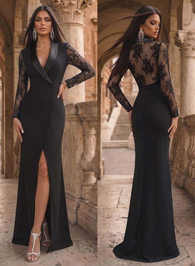 V-Neck Long Sleeves Sweep Train Elastic Satin Evening Dresses
