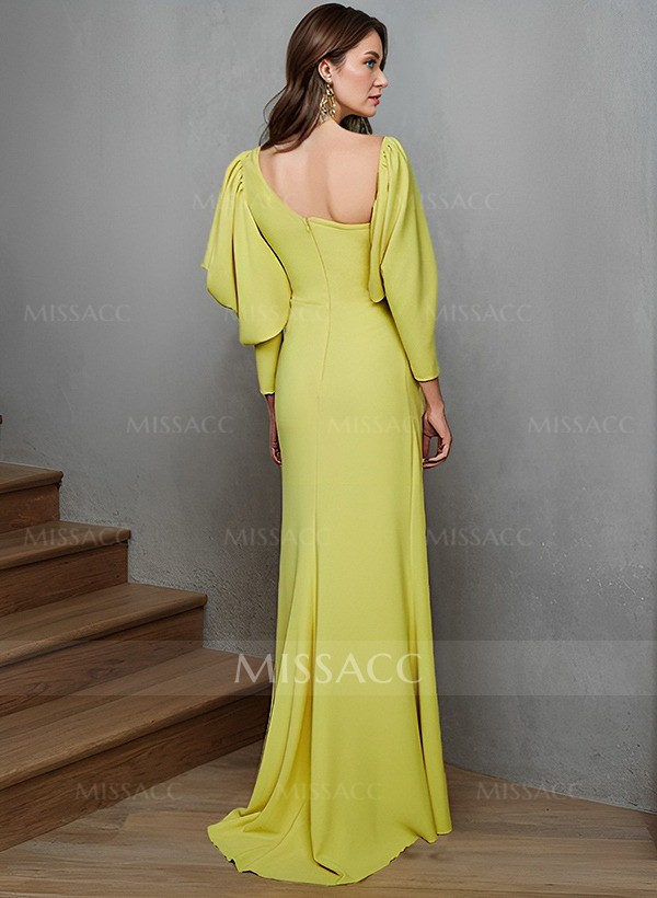 Sheath/Column Long Sleeves Evening Dresses Elastic Satin With Split Front