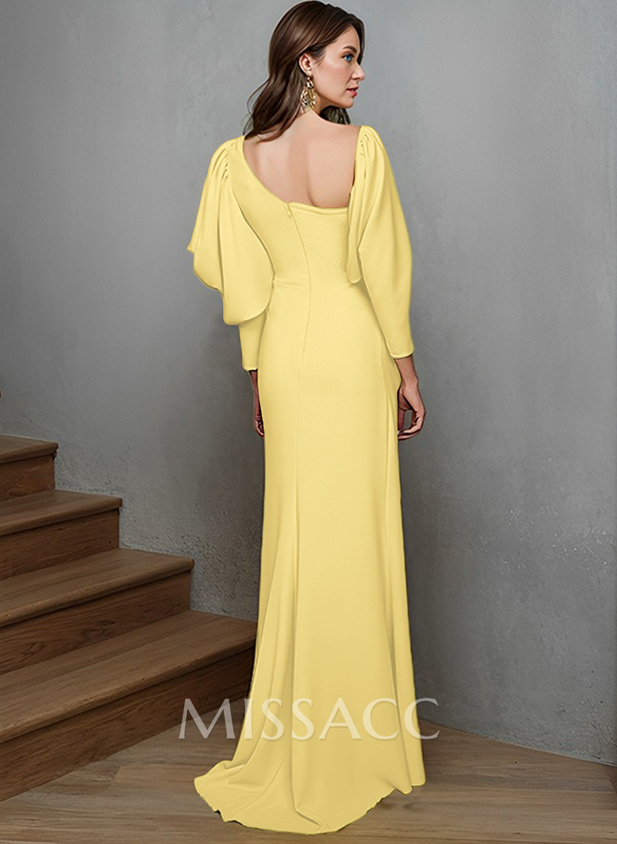 Sheath/Column Long Sleeves Evening Dresses Elastic Satin With Split Front