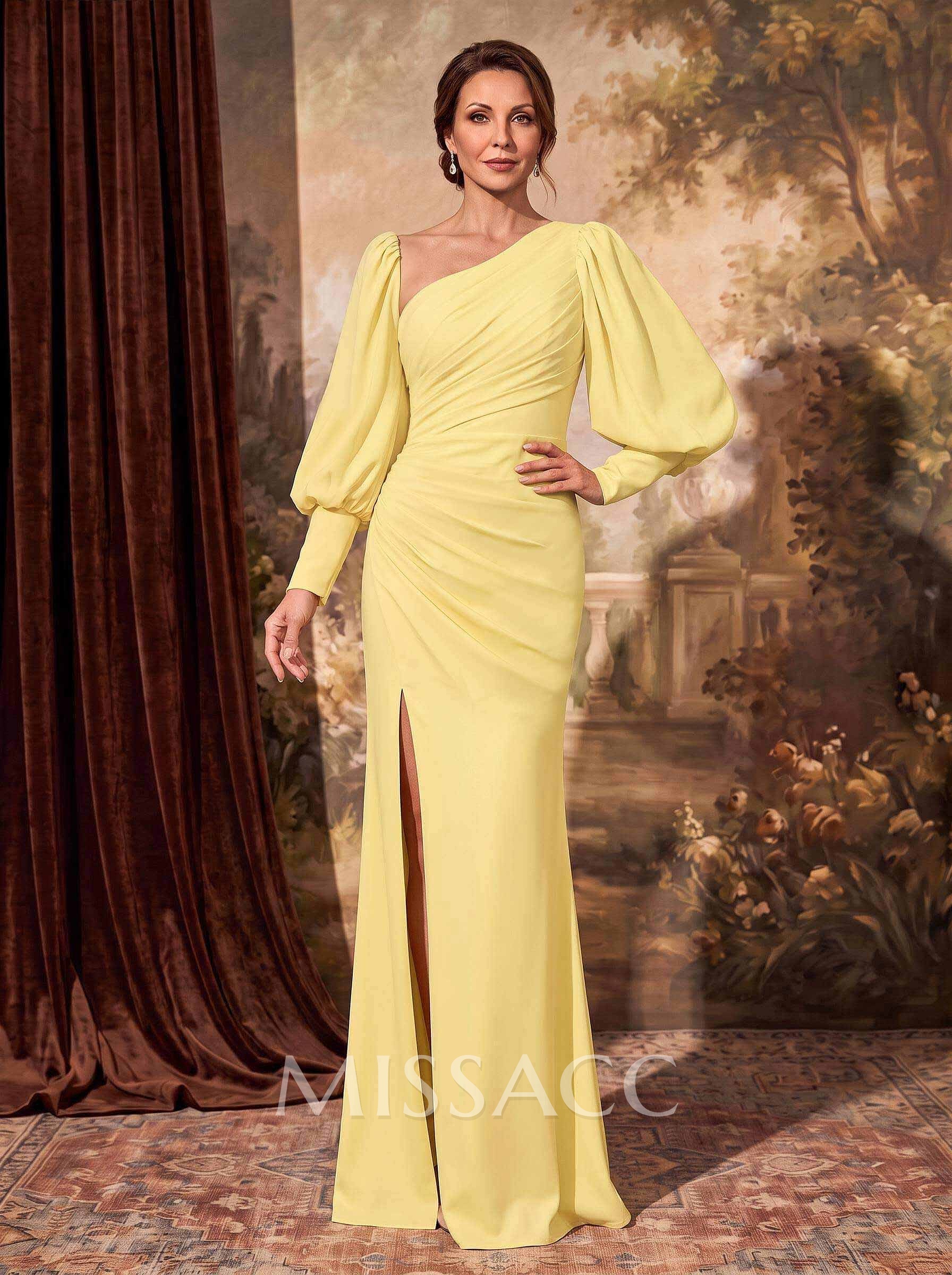 Fitted Long Sleeve Evening Dress In Stretch Satin With Front Split