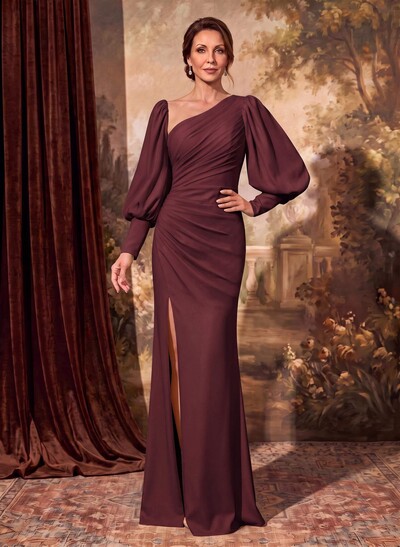 Sheath Long Sleeve Evening Gown In Stretch Satin With Front Slit