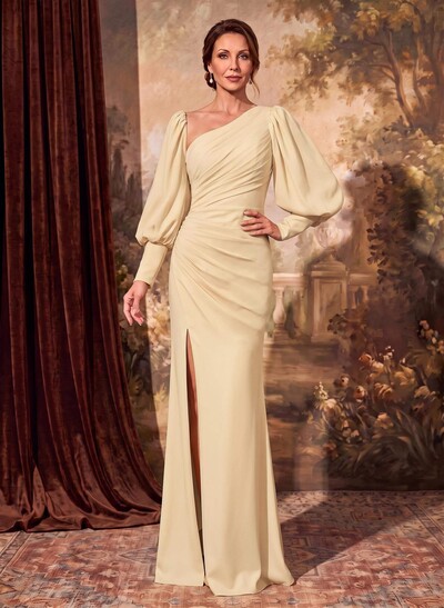 Sheath Long Sleeve Evening Gown In Stretch Satin With Front Slit