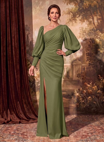 Sheath Long Sleeve Evening Gown In Stretch Satin With Front Slit
