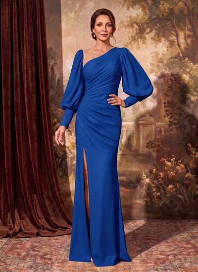 Sheath Long Sleeve Evening Gown In Stretch Satin With Front Slit