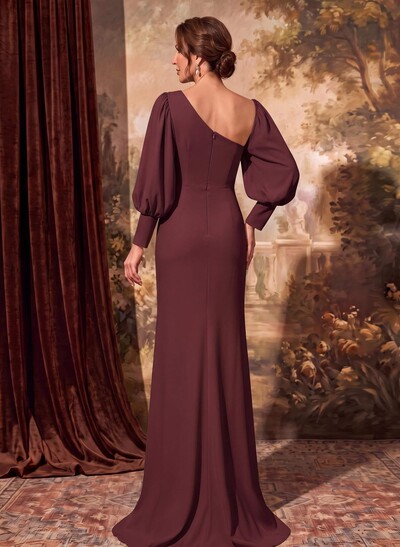 Sheath Long Sleeve Evening Gown In Stretch Satin With Front Slit