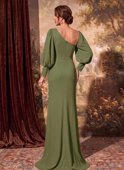 Sheath Long Sleeve Evening Gown In Stretch Satin With Front Slit