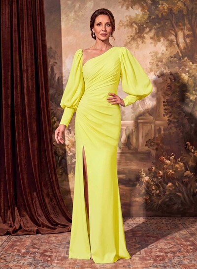 Sheath/Column Long Sleeves Evening Dresses Elastic Satin With Split Front