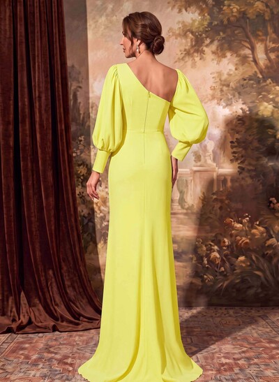 Sheath/Column Long Sleeves Evening Dresses Elastic Satin With Split Front