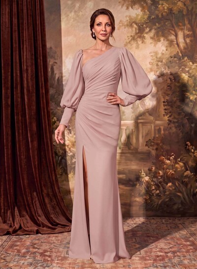 Sheath/Column Long Sleeves Evening Dresses Elastic Satin With Split Front