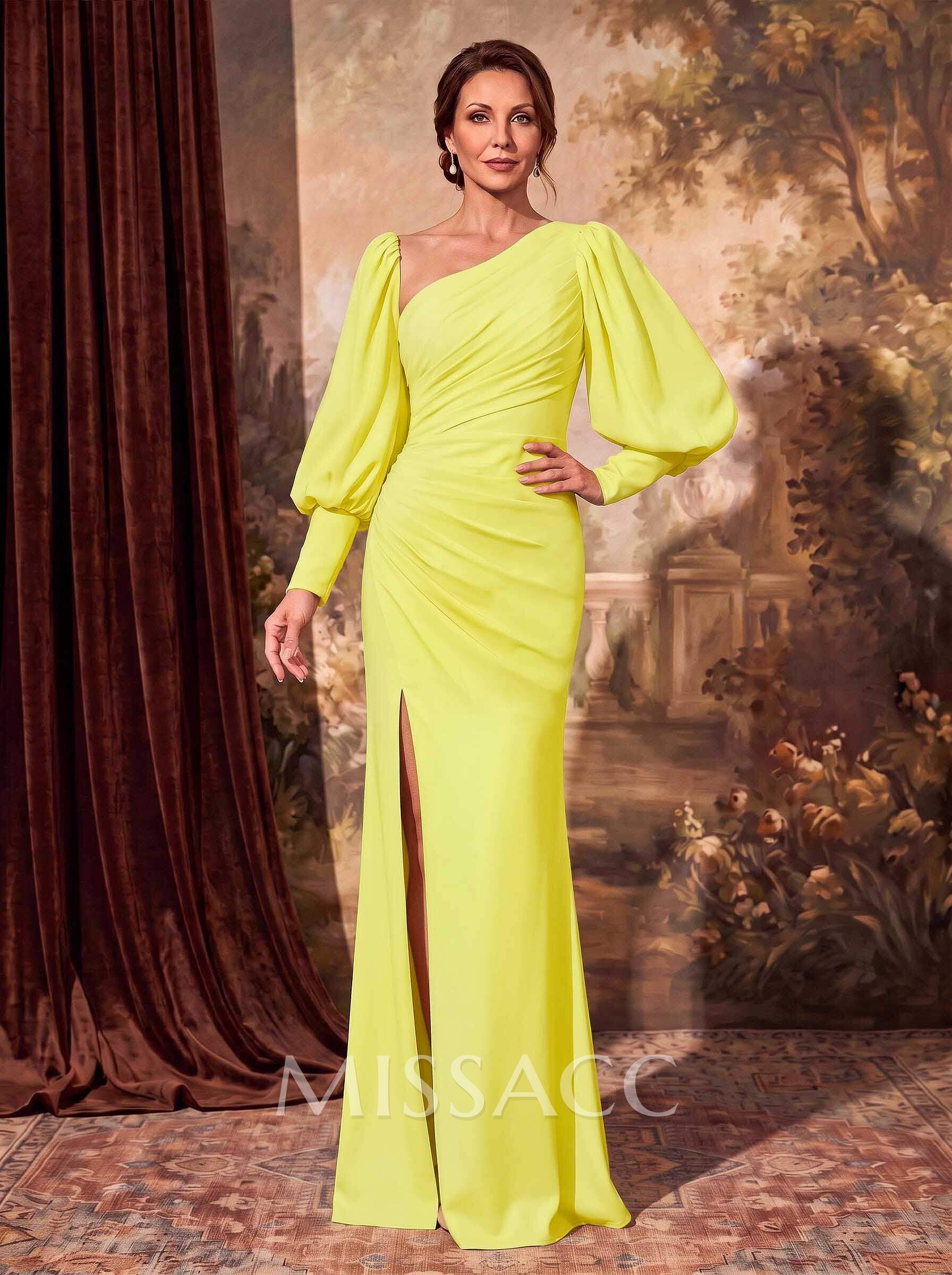 Sheath Long Sleeve Evening Gown In Stretch Satin With Front Slit