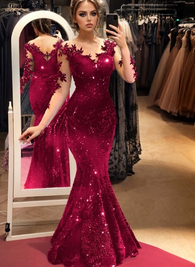 Trumpet/Mermaid Illusion Neck Long Sleeves Sweep Train Velvet Sequin Evening Dresses With Appliques Lace