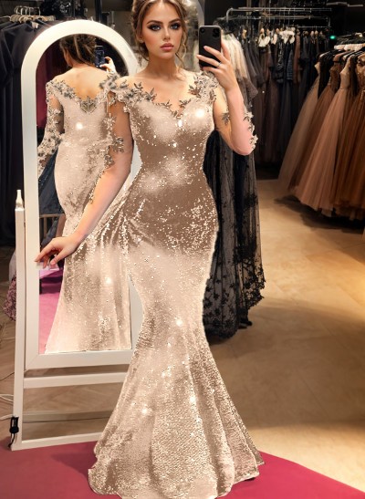 Sparkle Bejeweled Trumpet Semi Sheer LIlusion Sleeves Evening Dresses With Lace
