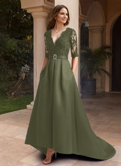 A-Line V-Neck 1/2 Sleeves Asymmetrical Lace/Satin Evening Dresses