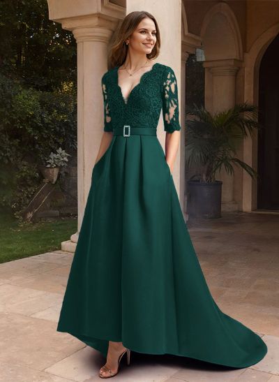 A-Line V-Neck 1/2 Sleeves Asymmetrical Lace/Satin Evening Dresses