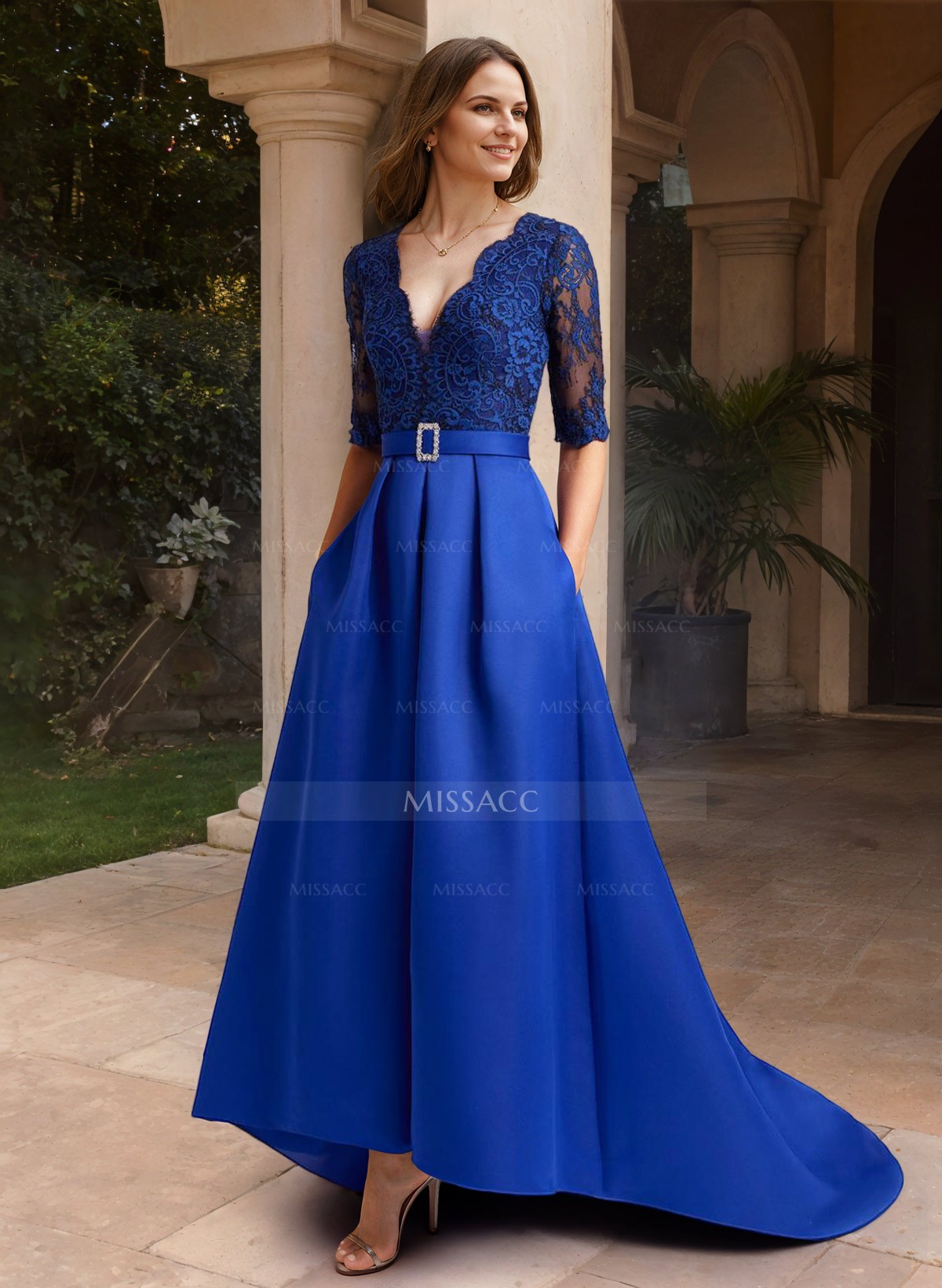 A-Line V-Neck 1/2 Sleeves Asymmetrical Lace/Satin Evening Dresses