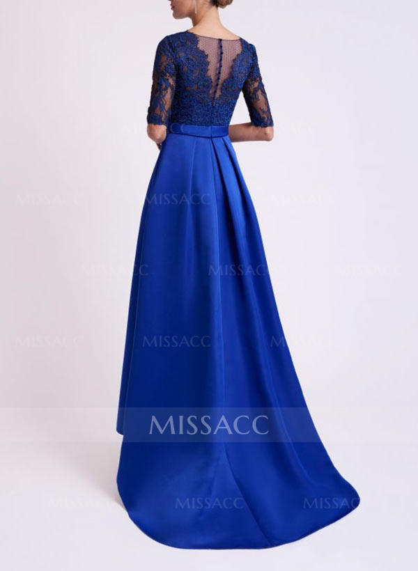 A-Line V-Neck 1/2 Sleeves Asymmetrical Lace/Satin Evening Dresses