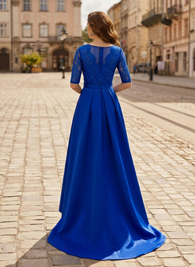 A-Line V-Neck 1/2 Sleeves Asymmetrical Lace/Satin Evening Dresses