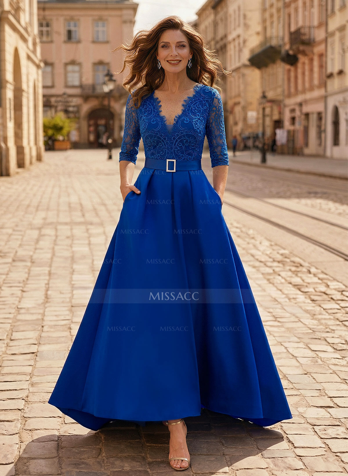 A-Line V-Neck 1/2 Sleeves Asymmetrical Lace/Satin Evening Dresses