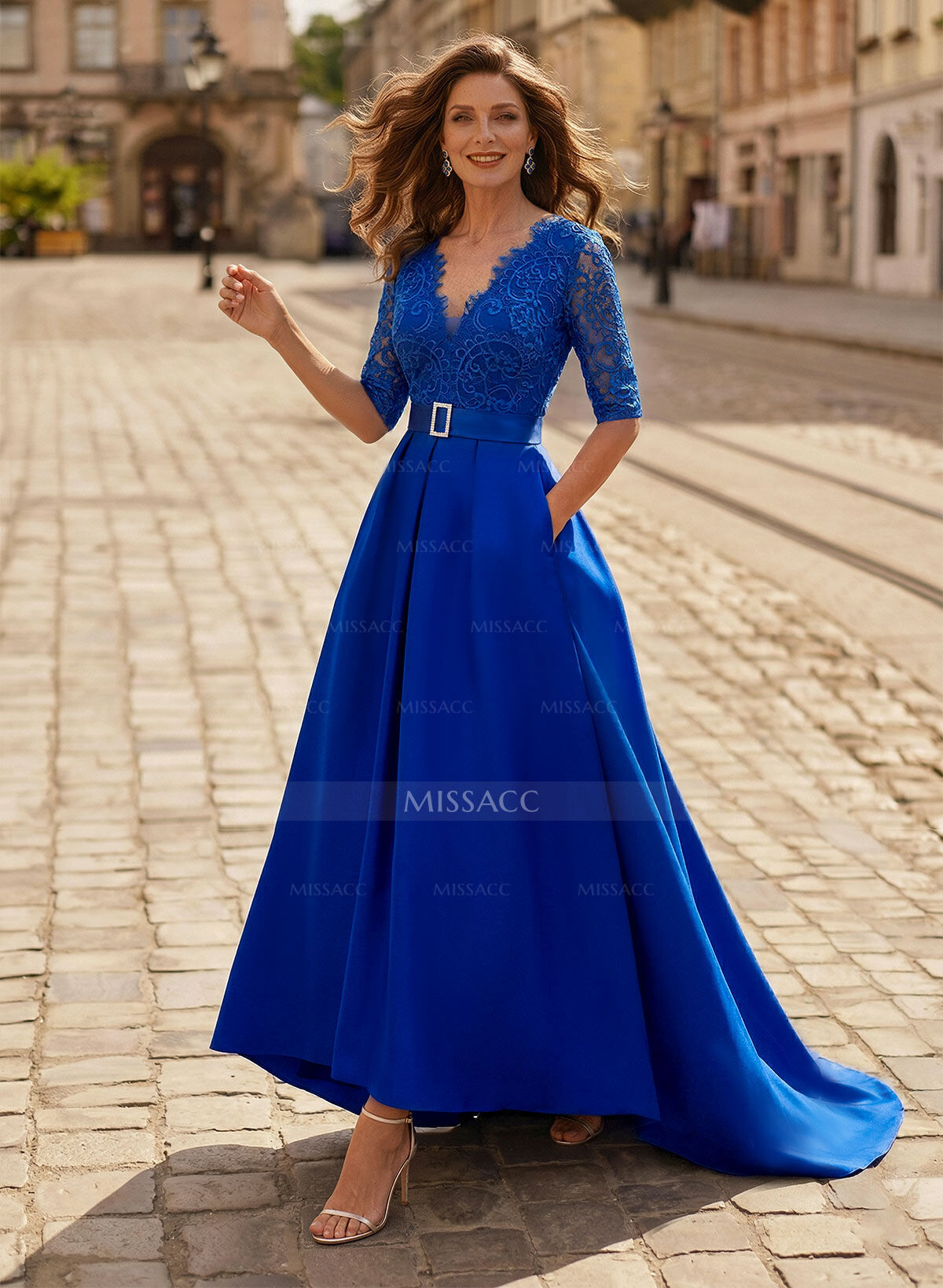 A-Line V-Neck 1/2 Sleeves Asymmetrical Lace/Satin Evening Dresses