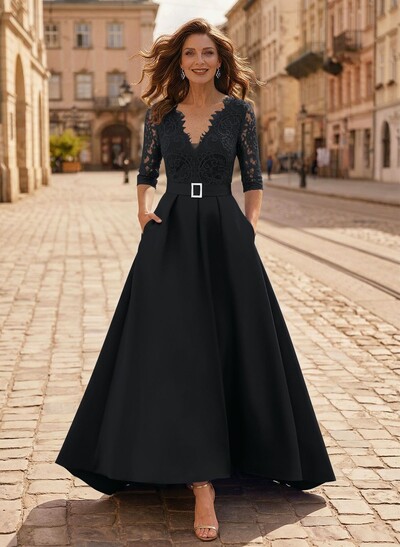 A-Line V-Neck 1/2 Sleeves Asymmetrical Lace/Satin Evening Dresses