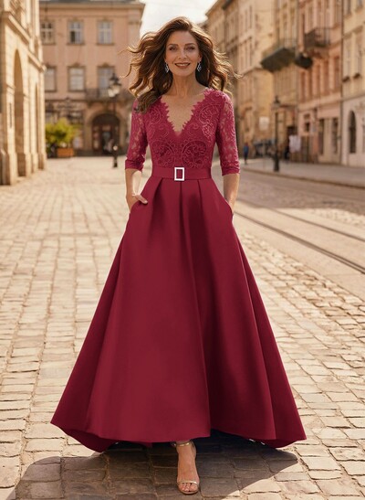 A-Line V-Neck 1/2 Sleeves Asymmetrical Lace/Satin Evening Dresses