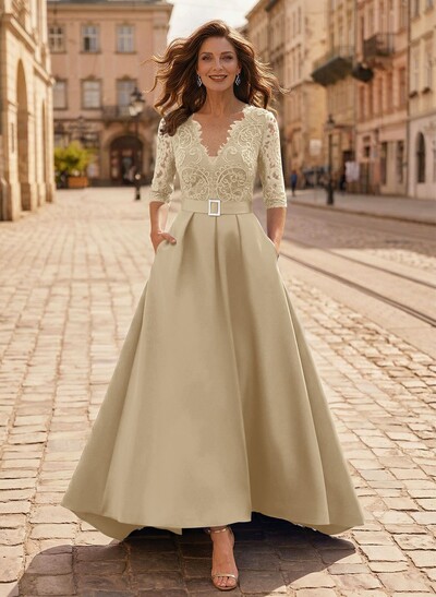 A-Line V-Neck 1/2 Sleeves Asymmetrical Lace/Satin Evening Dresses
